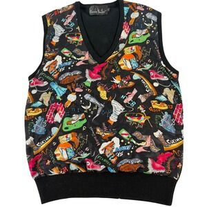 Vintage Nicole Miller Lambswool Shoes Print V Neck Sweater Vest Black Size Small